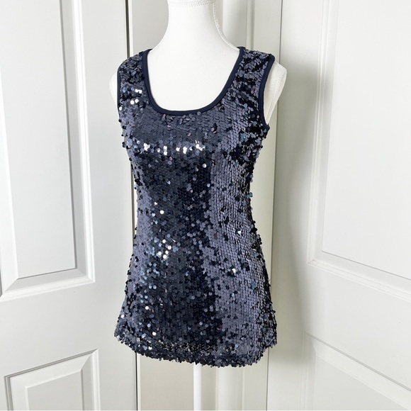 Ann Taylor Navy Sequin Top Sleeveless Glam Blouse, Small, Festival & Party Ready - Picture 2 of 11